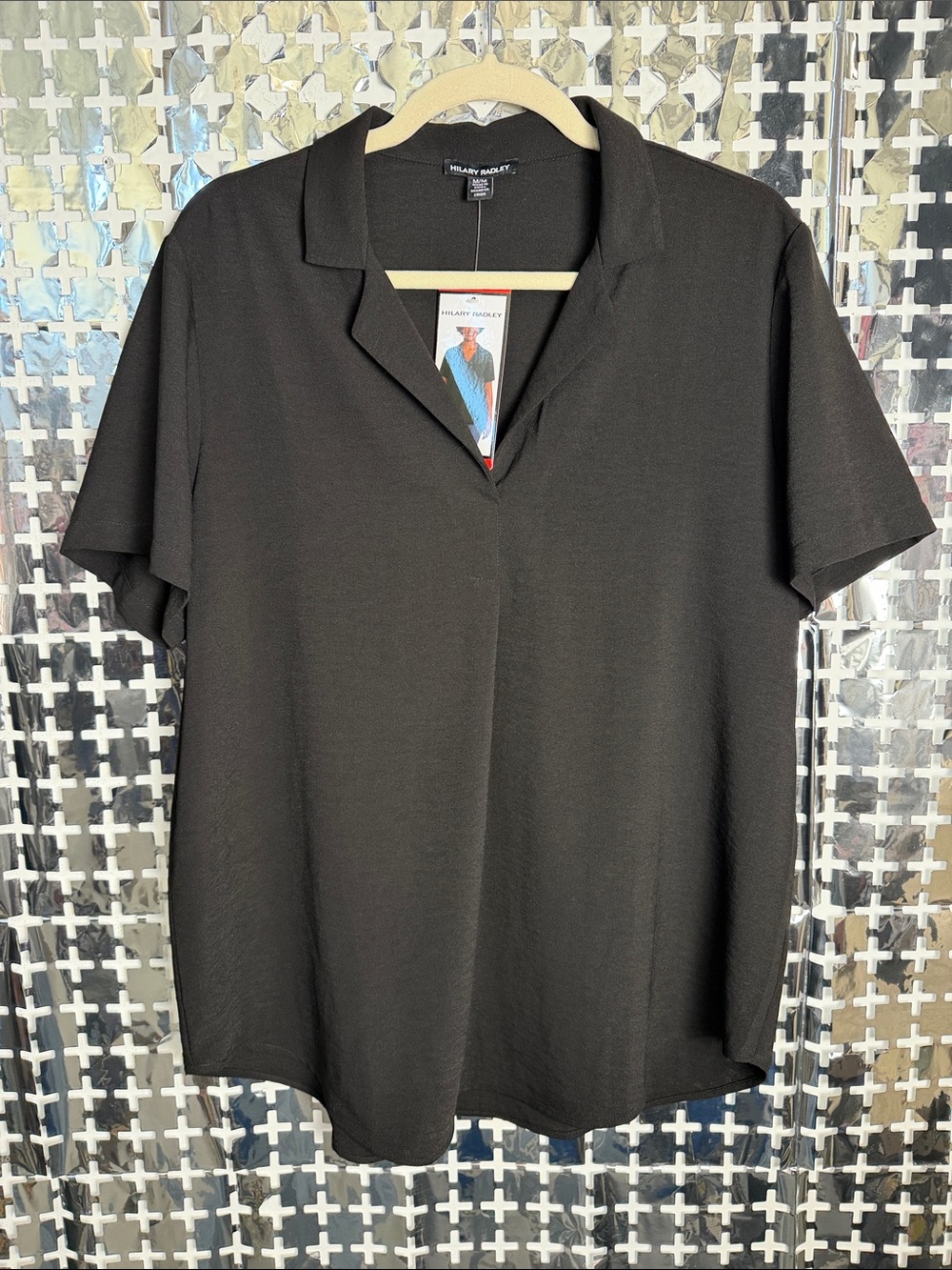 Hilary Radley Black Short-Sleeve V-Notch Polo Top